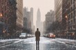 A person standing in a city street with a white sky