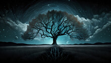 A Tree In The Dark With An Amazing Blue Night And Space Sky Behind It