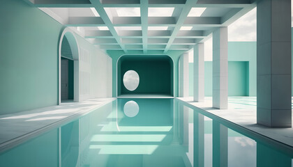 Wall Mural - Luxurious pool in a spa hotel with large windows and beautiful daytime views, Generative by AI

