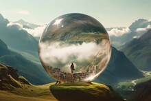 An Otherworldly Image Featuring A Person Suspended In A Translucent Bubble, With The Surreal Landscape Of Floating Islands