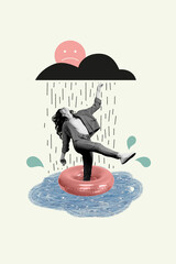 Poster - Vertical artwork collage of black white effect positive girl dancing inflatable ring puddle under rain cloud drawing sad emoji