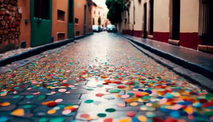 Wall Mural - an empty long street with scattered confetti, Generative by AI