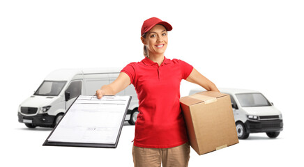 Poster - Female delivery worker with a box and a document posing in front of transport vans