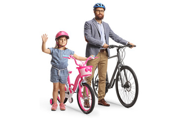 Sticker - Little girl waving and standing next to a man with a bicycle