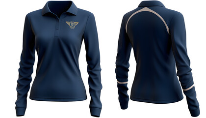 Navy Long sleeve ladies polo shirt 3d rendering back and front side view. Generative AI