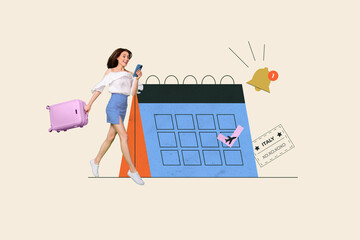 Poster - Creative collage image of mini excited girl hold suitcase use smart phone big calendar reminder flight italy isolated on white background