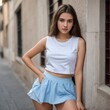 Beautiful teenager girl wearing skirt posing outdoor. Generative AI