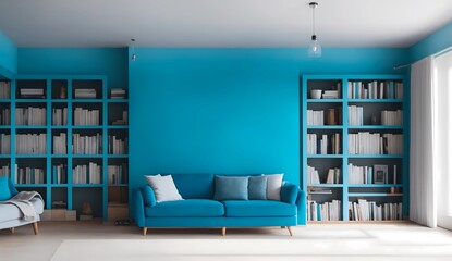 Wall Mural - Cozy living room painted with light blue from Generative AI