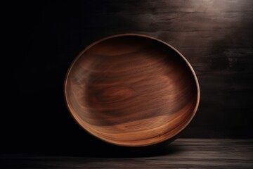 Close-up photo of a wooden plate against a dark background