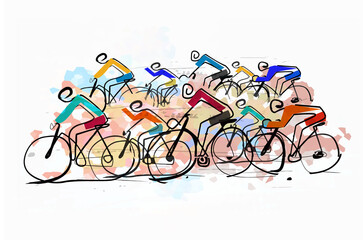 Wall Mural - Cycling race,peloton, line art stylized.
Illustration of group of cyclists on a road. Imitation of watercolor painting.