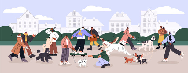 Wall Mural - Dog owners walking with doggies on street. Many people strolling, leading puppies on leashes outdoors. Men, women and different canine animals in city park panorama. Flat vector illustration