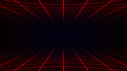 Poster - Abstract retro synthwave grid loop animation background 3d render. Looping grid motion design with particles moving away from the screen. 3d render.