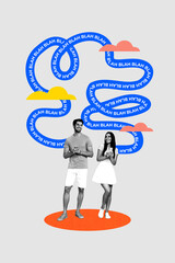 Poster - Vertical collage picture of two cheerful people hold smart phone chatting communicate bla blah chatterbox isolated on painted background