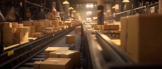 Parcels moving on a conveyor belt in a sorting center, logistics and delivery concept. Generative AI