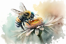 Bee On Flower In Aquarelle Style, Ai Generated