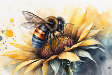 Bee On Sunflower In Aquarelle Style, Ai Generated