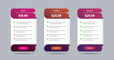 Wall Mural - modern pricing comparison table for product or business service subscriptions