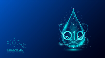 Coenzyme Q10 drop blue low poly and structure chemical formula. Medicine science innovative. Multivitamins complex collagen supplement skincare anti aging. Cosmetics nutrition banner design. Vector.