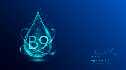 Vitamin B9 drop blue low poly and structure chemical formula. Medicine science innovative. Multivitamins complex collagen supplement skincare anti aging. Cosmetics nutrition banner design. Vector.