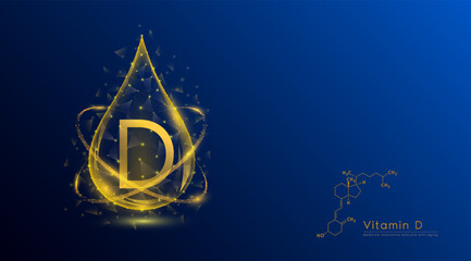 Vitamin D drop oeange low poly and structure chemical formula. Medicine science innovative. Multivitamins complex collagen supplement skincare anti aging. Cosmetics nutrition banner design. Vector.