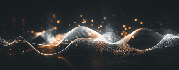 Canvas Print - abstract particles wave flow on dark background with bokeh lights. Generative AI