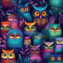 Cute Owls At Night Seamless Repeat Pattern - Fantasy Colorful Cubism, Abstract Art, Trippy Psychedelic [Generative AI]
