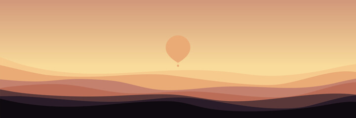 Wall Mural - sunset in mountain with hot air balloon fly in the sky good for wallpaper, background, backdrop, banner, web, and design template	