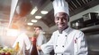 Smiling black chef cook in restaurant kitchen cook new dishes for restaurant customers, happy chef loves his job with team of cooks on background, professional chef in kitchen, generative AI