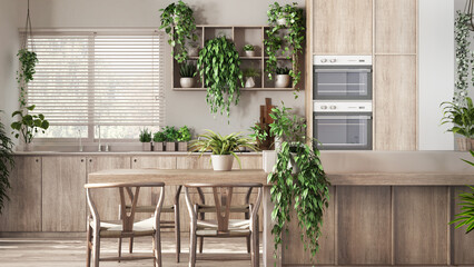 Wall Mural - Minimal bleached wooden kitchen in white and beige tones with island, chairs and appliances. Biophilic concept, many houseplants. Urban jungle interior design