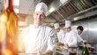 Smiling chef cook in restaurant kitchen cook new dishes for restaurant customers, happy chef loves his job with team of cooks on background, professional chef in kitchen, generative AI