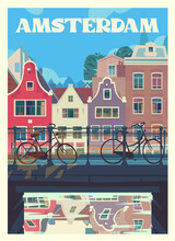 Vector Premium Travel Poster. Amsterdam's Main Street With Ancient Houses, Water Canals, Bridges, And Bicycles. Nederlands.