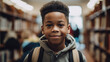 Diversity and Minority Representation In Education: A Smiling Young Black School Boy Wearing a Backpack. A Happy African American Elementary School Student. Generative AI