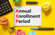 AEP symbol. Concept words AEP Annual enrollment period on beautiful white note. Beautiful yellow table yellow background. Calculator. Medical and AEP Annual enrollment period concept. Copy space.
