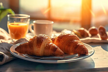 Generative AI - Summer Morning Breakfast: Croissants, Orange Juice And Coffee