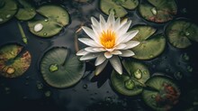 Bright White Waterlily Lotus Flower In Full Bloom Surrounded By Green Lily Pads With Water Drops, Murky Dark Pond Water Reflections - Generative Ai