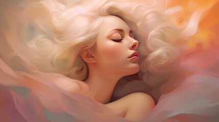 Beautiful young woman asleep lucid dreaming illustration watercolor style pastel colors painting generative ai