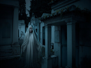 Canvas Print - Spooky cemetery girl ghost