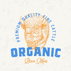 Wall Mural - Risograph Style Bison Meat Farm Retro Badge Logo Template. Hand Drawn Buffalo Cattle Face Sketch with Retro Typography. Vintage Steaks Sketch Emblem Print Isolated