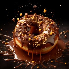 An ai generated close-up of a tasty glazed chocolate donut with crunchy chocolate and caramel topping with its sugary coating glistening in the light.