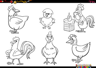 Wall Mural - cartoon chickens farm animal characters set coloring page