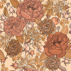  Seamless background with roses, peonies, asters. Beige color palette.