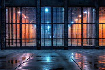 Wall Mural - exterior of big warehouse with windows at night, ai generative