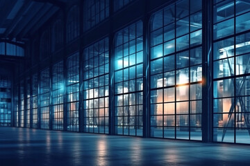 Wall Mural - exterior of big modern warehouse with windows at night, ai generative