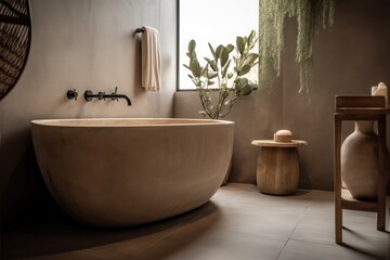 Close-up Details of a Serene Japandi Style Bathroom, Showcasing a Freestanding Tub and LED Lighting.