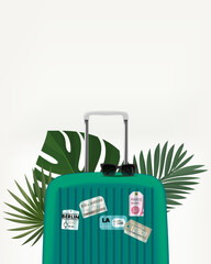Poster - Green travel suitcase and palm leaves. 3d vertical vector banner with copy space