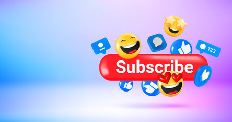 Poster - Social media icons and emoji and Subscribe button.Vector 3d banner with copy space