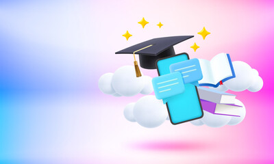 Poster - Back to school concept with graduation cap, smartphone and books. 3d vector banner with copy space
