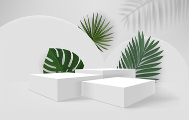 Poster - Bright room with podium and green leaves. Eco friendly product showcase template. 3d vector background