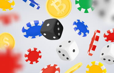 Aufkleber - Casino game concept with color casino chips, dice and coins. 3d vector illustration