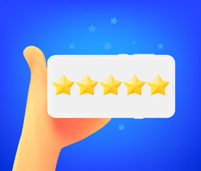 Leinwandbilder - Comic hand with smartphone with five stars rating. 3d vector illustration